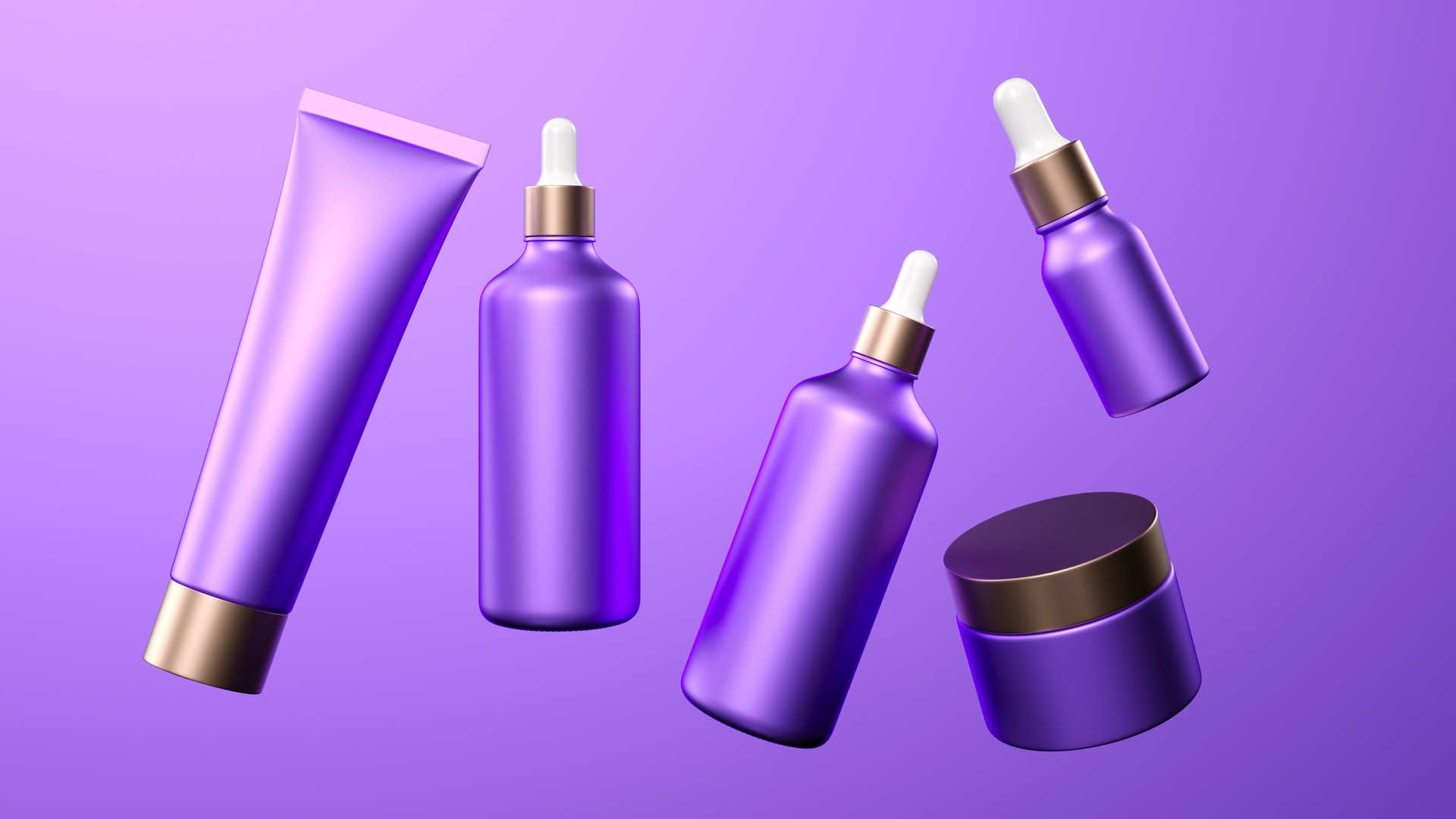 Mockup style cosmetic bottle, purple beauty containers, floating skincare bottles, minimalist design, 3D rendering, gradient background, high-end cosmetics, luxury skincare, studio lighting.